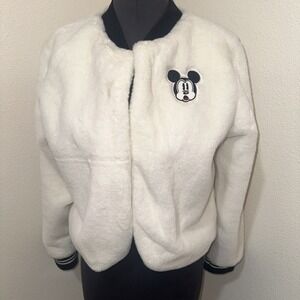 Disney Mickey Mouse White Fluffy Soft Faux Fur Lined Jacket Sweater Size M